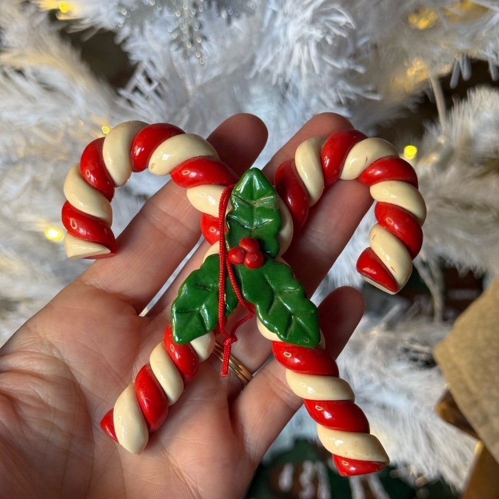 Vintage 1984 Festive Candy Cane Ornament with Holly Accents